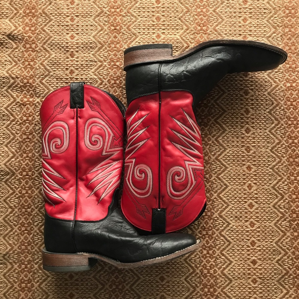 Justin Cowboy Boots Black Wildebeest Red Leather